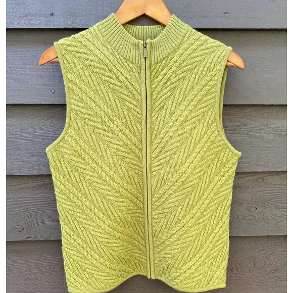 Coldwater Creek Boiled Wool Zip Sweater Vest M Green Chevron Textured VTG Style - Picture 3 of 14
